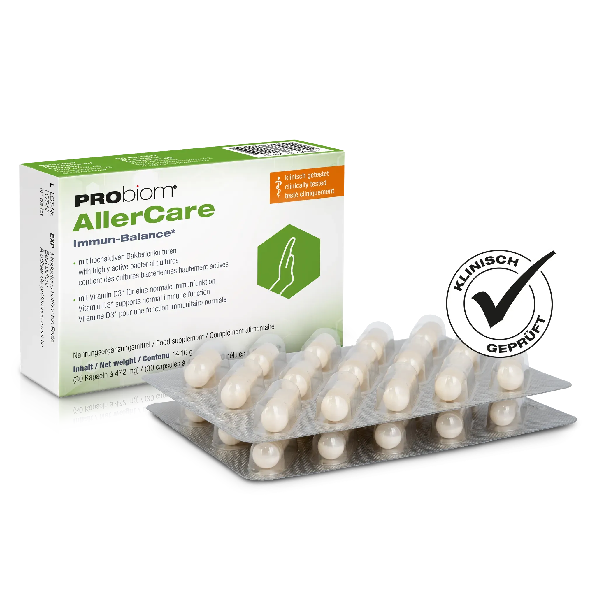 PRObiom® AllerCare Verpackung mit Blister – 30 Kapseln, klinisch geprüft, mit Vitamin D3.